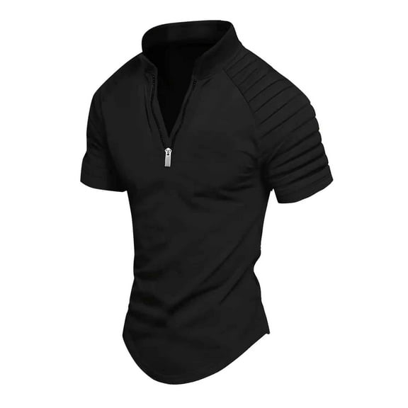 JTieacloth Button Classic T-Shirt Men's Slim Fit Zipper Shirt Casual Stretch Shoulder Pleated Zip Up Shirt Modern Stylish Long Sleeve Top For Men Black M
