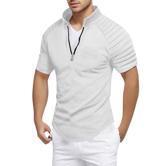 JTieacloth Button Classic T-Shirt Men's Slim Fit Zipper Shirt Casual Stretch Shoulder Pleated Zip Up Shirt Modern Stylish Long Sleeve Top For Men White S