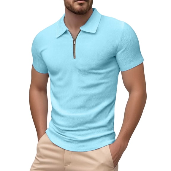 JTieacloth Button Collar Shirts Men's Spring And Summer Fashion Casual Loose Towel Jacquard T Shirt Zipper Men's Short Sleeved Shirt Blue M