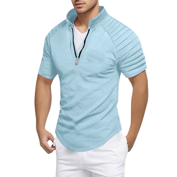 JTieacloth Button Down Collar T Shirt Men's Slim Fit Zipper Shirt Casual Stretch Shoulder Pleated Zip Up Shirt Modern Stylish Long Sleeve Top For Men Blue L