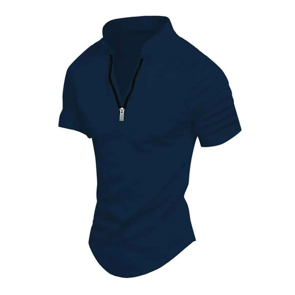 JTieacloth Button Down Collar T Shirt Men's Slim Fit Zipper Shirt Casual Stretch Shoulder Pleated Zip Up Shirt Modern Stylish Long Sleeve Top For Men Blue XXXL