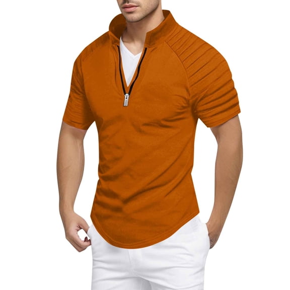 JTieacloth Button Down Collar T Shirt Men's Slim Fit Zipper Shirt Casual Stretch Shoulder Pleated Zip Up Shirt Modern Stylish Long Sleeve Top For Men Gold L