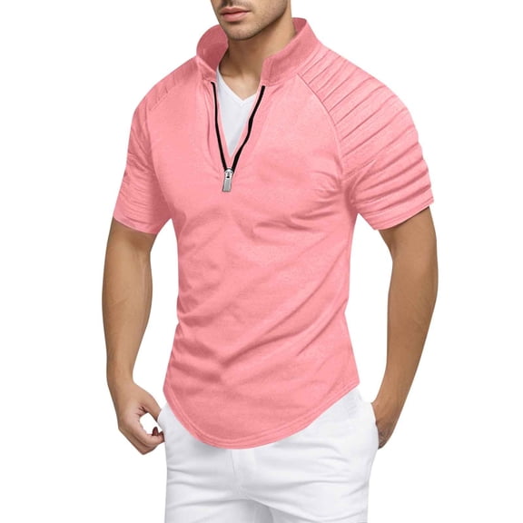 JTieacloth Button Down Collar T Shirt Men's Slim Fit Zipper Shirt Casual Stretch Shoulder Pleated Zip Up Shirt Modern Stylish Long Sleeve Top For Men Red XXXL
