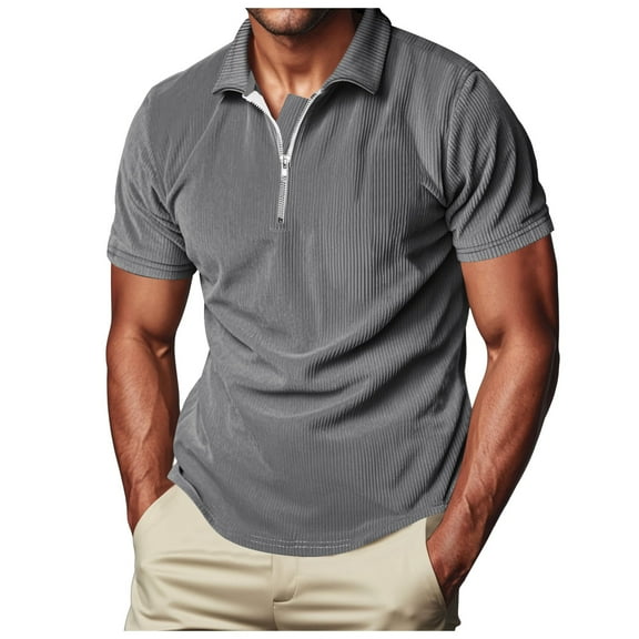 JTieacloth Button Down Collar T Shirt Men's Fashion Summer Corduroy Half Zip Lapel Short Sleeve Gray L
