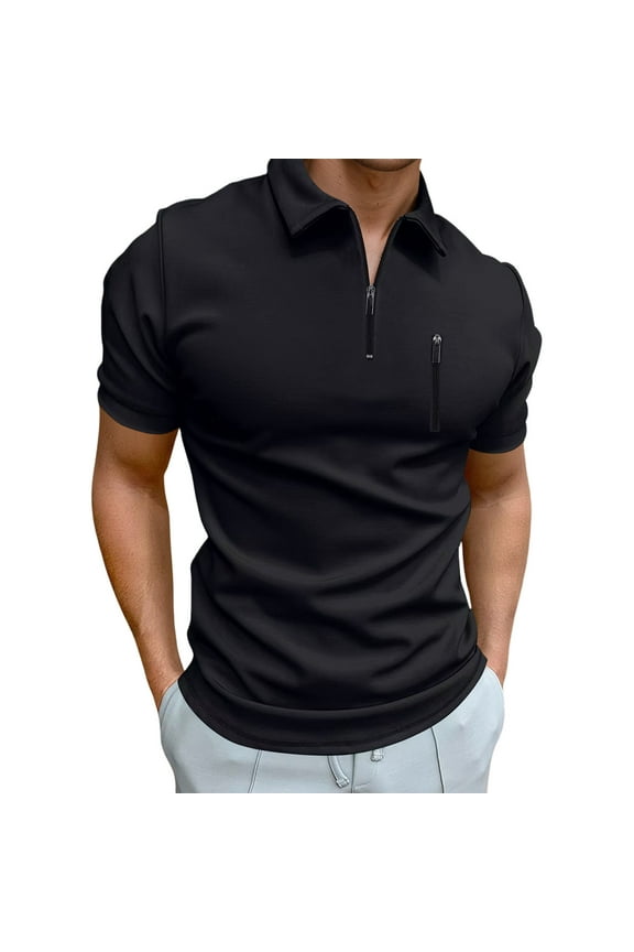 Button Down Collar T Shirt Men's Summer Solid Color Athletic Casual Style Zipper Lapel Short Sleeve Shirt Black L
