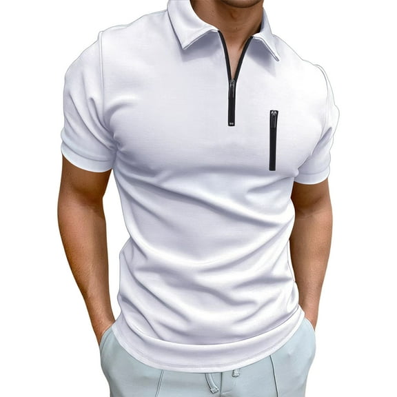 JTieacloth Button Down Collar T Shirt Men's Summer Solid Color Athletic Casual Style Zipper Lapel Short Sleeve Shirt White M
