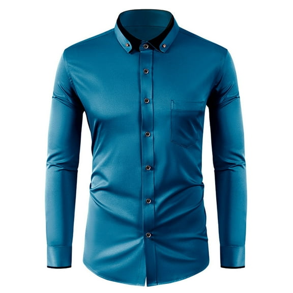 JTieacloth Button Down Shirt for Men Male Color Blocked Diamond Button Lapel Shirt Slim Fit Business Casual Design Shirt Blue