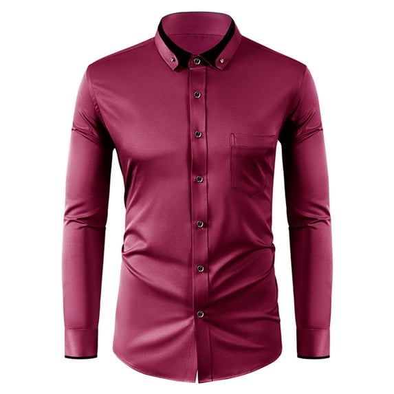JTieacloth Button Down Shirt for Men Male Color Blocked Diamond Button Lapel Shirt Slim Fit Business Casual Design Shirt Red