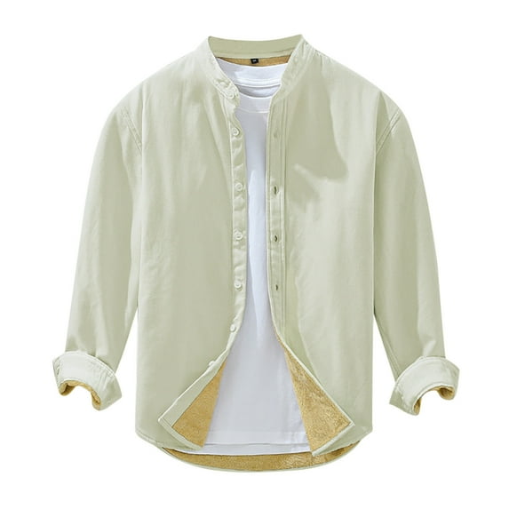 JTieacloth Button Down Shirt for Men Men's Winter Vintage Long Sleeved Shirt Youth Loose Solid Color Pocket Less Men's Coat Beige