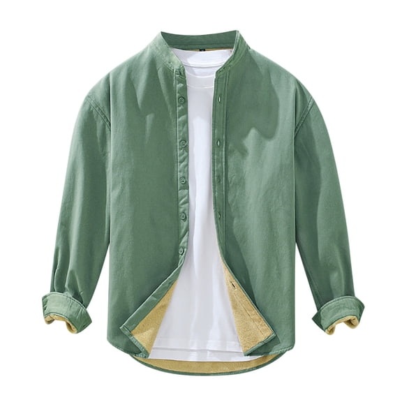 JTieacloth Button Down Shirt for Men Men's Winter Vintage Long Sleeved Shirt Youth Loose Solid Color Pocket Less Men's Coat Green