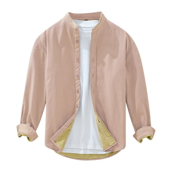 JTieacloth Button Down Shirt for Men Men's Winter Vintage Long Sleeved Shirt Youth Loose Solid Color Pocket Less Men's Coat Pink