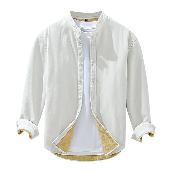 JTieacloth Button Down Shirt for Men Men's Winter Vintage Long Sleeved Shirt Youth Loose Solid Color Pocket Less Men's Coat White