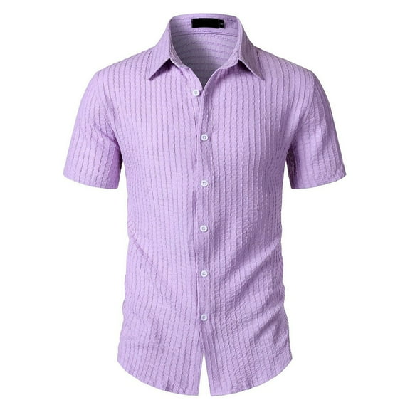 JTieacloth Button Up Dress Shirt with Pocket Men's Casual Short Sleeve Striped Shirt With Open Collar And Loose Fit For Summer Wear Durable And Easy Care Design Purple