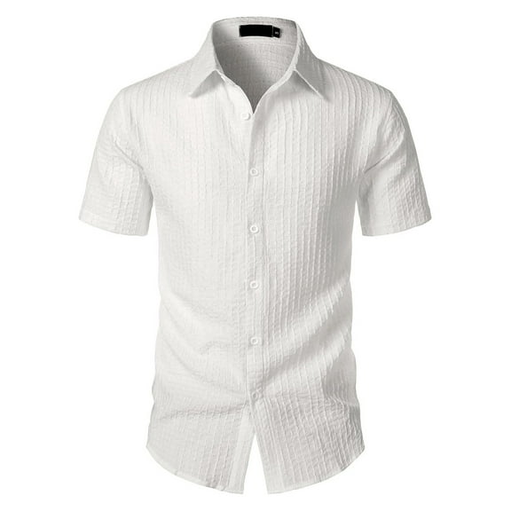JTieacloth Button Up Dress Shirt with Pocket Men's Casual Short Sleeve Striped Shirt With Open Collar And Loose Fit For Summer Wear Wrinkle Durable And Easy Care Design White