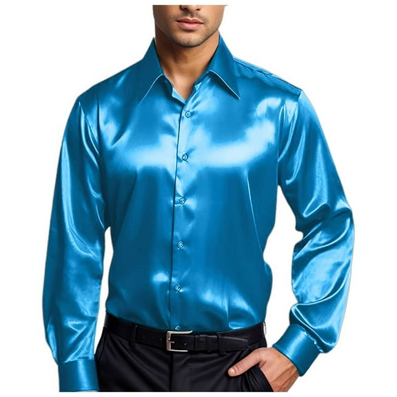 JTieacloth Button Up Dress Shirt with Pocket Mens Casual Fashion Bright Face Solid Color Lapel Long Sleeve Shirt Blue
