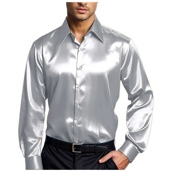 JTieacloth Button Up Dress Shirt with Pocket Mens Casual Fashion Bright Face Solid Color Lapel Long Sleeve Shirt Gray