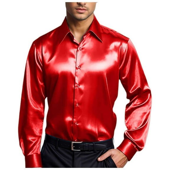 JTieacloth Button Up Dress Shirt with Pocket Mens Casual Fashion Bright Face Solid Color Lapel Long Sleeve Shirt Red