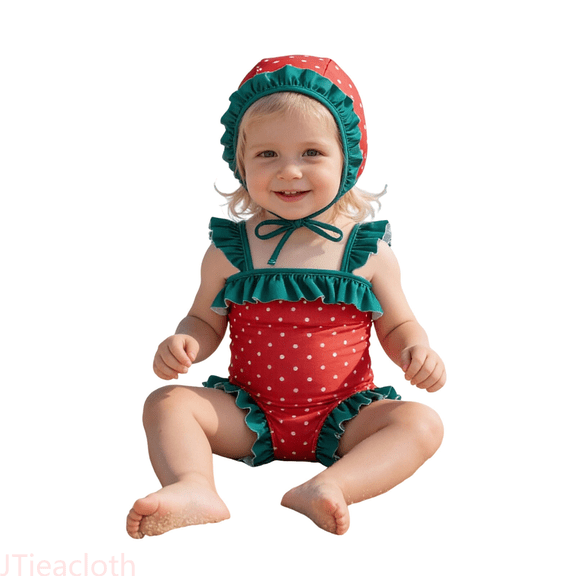 JTieacloth Cartoon Print Swimsuit For Girls With Matching Swim Cap Trianglar Cut Bathing For Toddlers And Kids,Sizes 0-6 Months