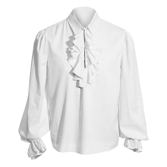 JTieacloth Casual Button Down Shirts Male Gothic Vintage Court Shirt Turn Down Collar Hem Long Sleeve Puff Sleeve Shirt White