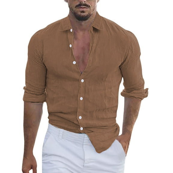 JTieacloth Casual Button Down Shirts Male Summer Solid Casual Plus Size Shirt Mens Turn Down Collar Long Sleeve Shirt Brown