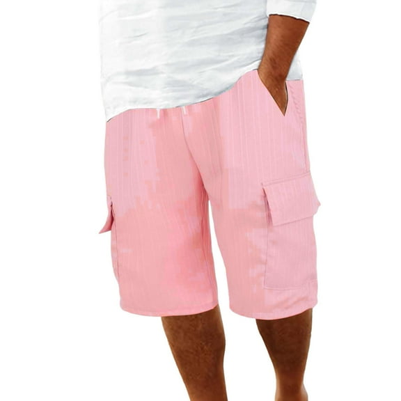 JTieacloth Classic Mens Cargo Short Men's Summer Linen Shorts With Large Pockets Plain Striped Sport Short Linen Trousers Stretch Lightweight Summer Shorts Loose Fit Short,Pink