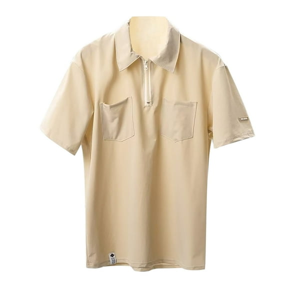 JTieacloth Collar Shirt for Men Men's Summer Lapel Short Sleeve Double Pocket Zipper Short Sleeve Beige L