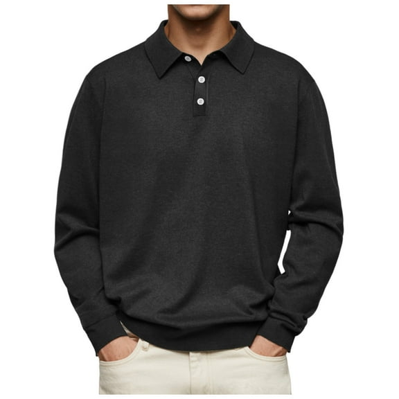 JTieacloth Collared T Shirt Mens Fashion Casual Solid Color Button Long Sleeve Top Shirt Black S