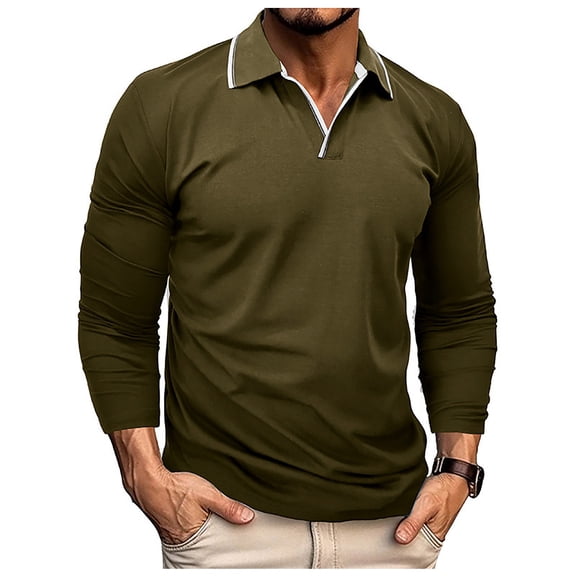 JTieacloth Collared Work Shirts Men Plain V Neck Shirt Long Sleeve Lapel Casual Business T Shirt Autumn And Winter Western Jacket Green L