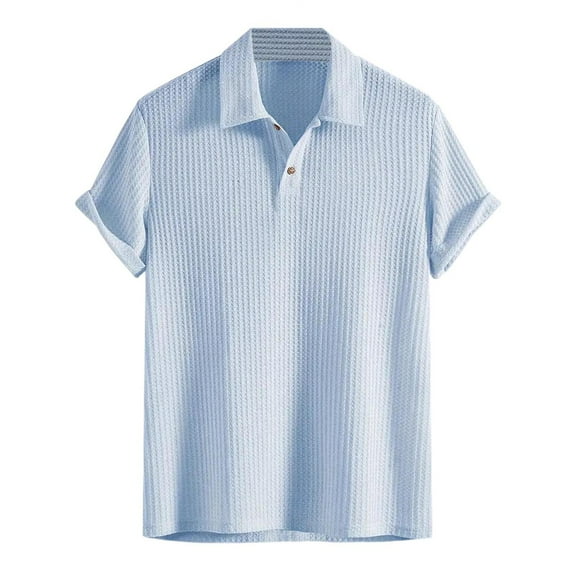 JTieacloth Collared Work Shirts Men's Co Tton Solid Color Casual Fashion Trend Short Sleeve Lapel Button Top Blue XL