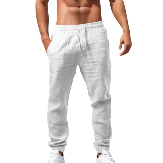 JTieacloth Cotton Linen Pants for Men Men's Long Pants Solid Color Breathable Bunch Of Foot Linen Loose Casual Pants White