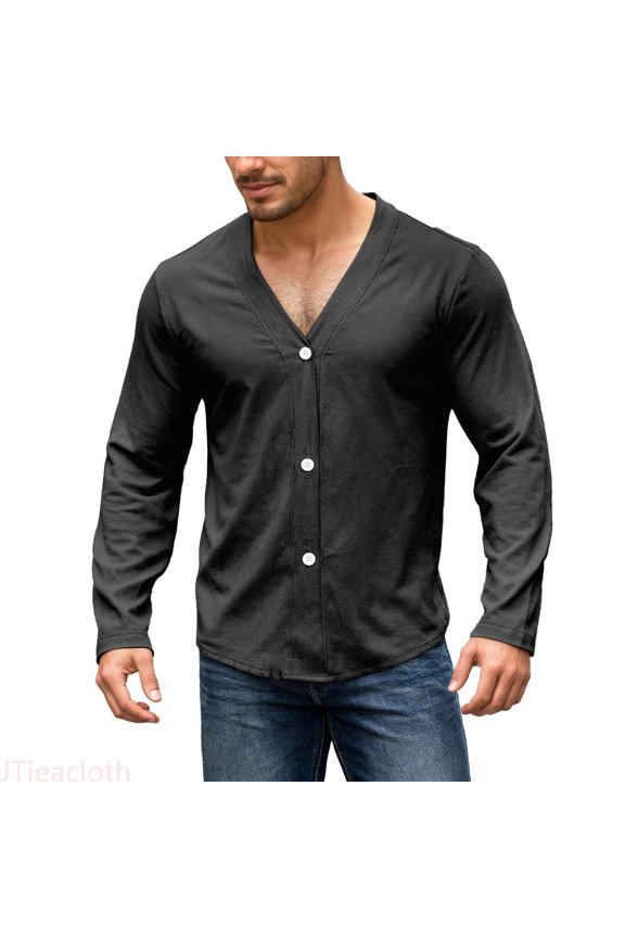 Custom Fit ’s Linen Casual Button Up Shirt – Autumn Lightweight Long Sleeve Design With Knit Collar For Comfortable Style Long Sleeve Collar Shirt Black