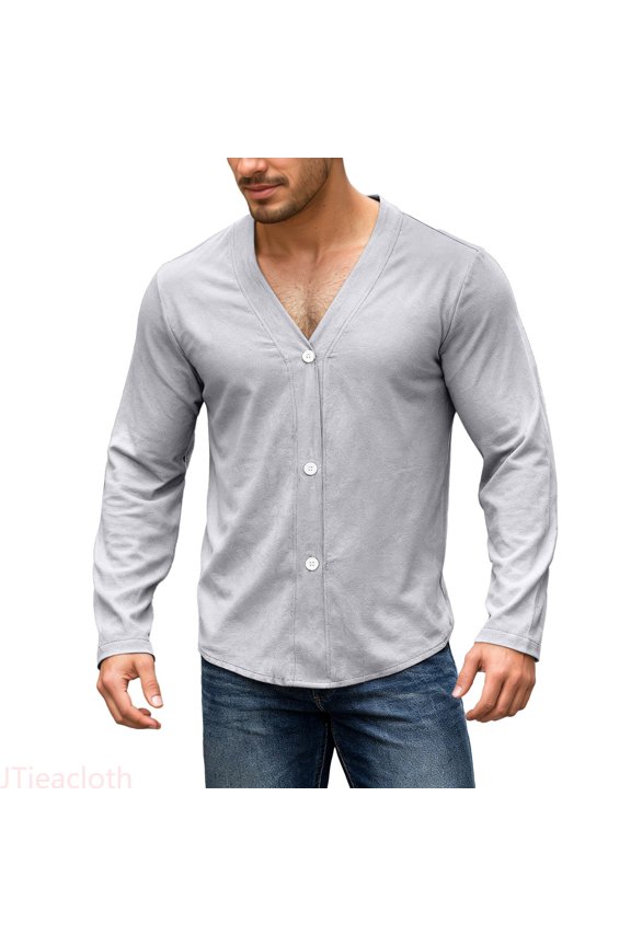 Custom Fit ’s Linen Casual Button Up Shirt – Autumn Lightweight Long Sleeve Design With Knit Collar For Comfortable Style Long Sleeve Collar Shirt Gray