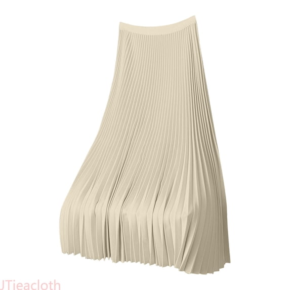 JTieacloth Elegant Satin Pleated Midi Skirt For High Waist Flowy A Line Dressy Casual Skirt With Side Slits,Women's Skirts(Beige)