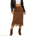 thumbnail image 1 of JTieacloth Elegant Satin Skirt With Lace Trim Detail Flowy Midi Length For Party And Evening Wear,Women's Skirts(Brown), 1 of 6