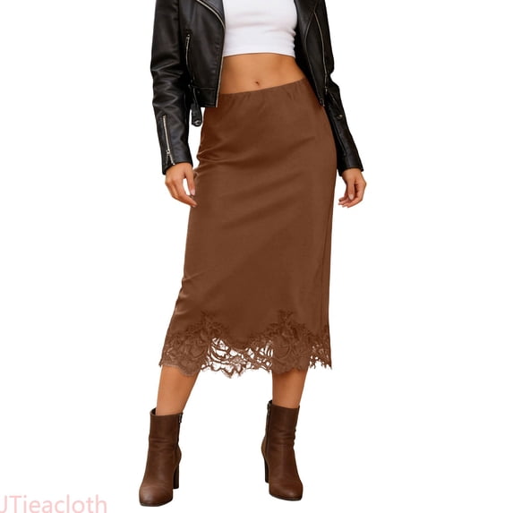 JTieacloth Elegant Satin Skirt With Lace Trim Detail Flowy Midi Length For Party And Evening Wear,Women's Skirts(Brown)