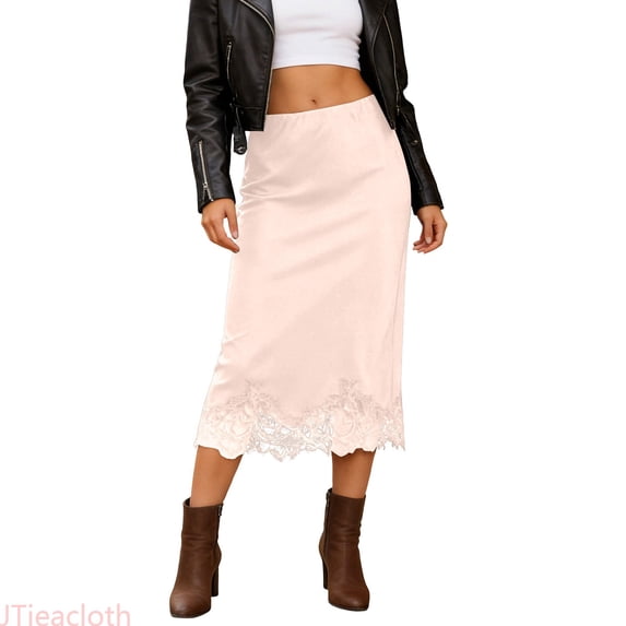 JTieacloth Elegant Satin Skirt With Lace Trim Detail Flowy Midi Length For Party And Evening Wear,Women's Skirts(Pink)