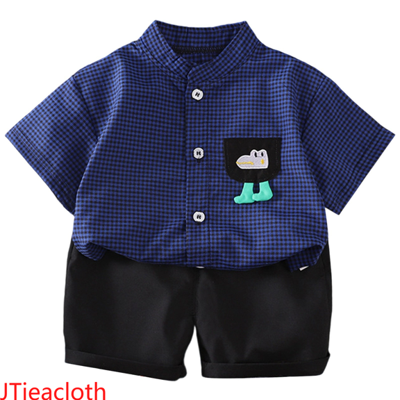 JTieacloth Fall Winter Outfits Sets Boys Outfits Casual Plaid Short Sleeve Shirt And Pants Set Breathable Toddler Kids Two Piece Clothing,Sizes 5-6 Years(Blue)