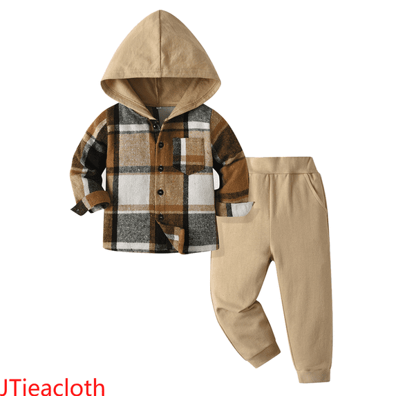 JTieacloth Fall Winter Outfits Sets Toddler Boys Girls Long Sleeve Casual Plaid Prints Hooded Tops Holiday Shirts T Shirt Pants Outfits,Sizes 6-9 Months(Brown)