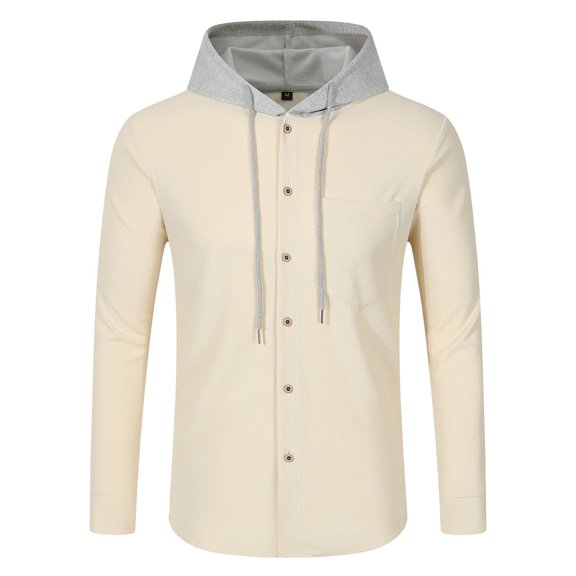 JTieacloth Fleece Lined Hooded Jacket Autumn And Winter Men's Waff Le Color Blocking Buttoned Hooded Casual Cardigan Jacket Coat Yellow