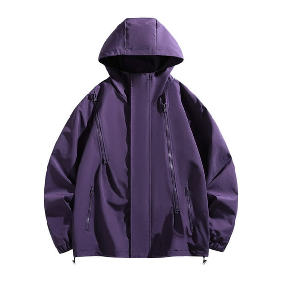 JTieacloth Fleece Lined Hooded Jacket Male Pockets Solid Color Outdoor Windproof Windbreaker Jacket Sports Coat Purple