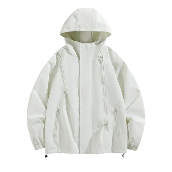 JTieacloth Fleece Lined Hooded Jacket Male Pockets Solid Color Outdoor Windproof Windbreaker Jacket Sports Coat White
