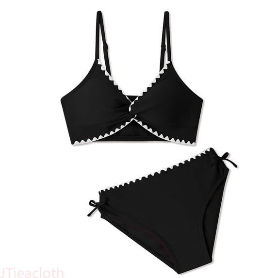 JTieacloth Girls Bikini 2 Piece Swimsuit Set Swimsuits V Neck Drawstring Cute Girls Bikini Swim Two Piece With Chest Pad,Black,15-16 Years