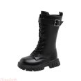 thumbnail image 1 of JTieacloth Girls Buckle Lace Up Knee High Mid Calf Boots, Classic Non- Side Zipper Winter Fall Combat Riding Boots Toddler/Little Kid/Big Kid(Black), 1 of 6
