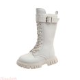 thumbnail image 1 of JTieacloth Girls Buckle Lace Up Knee High Mid Calf Boots, Classic Non- Side Zipper Winter Fall Combat Riding Boots Toddler/Little Kid/Big Kid(White), 1 of 6