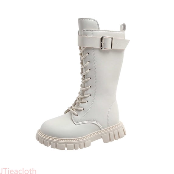JTieacloth Girls Buckle Lace Up Knee High Mid Calf Boots, Classic Non- Side Zipper Winter Fall Combat Riding Boots Toddler/Little Kid/Big Kid(White)