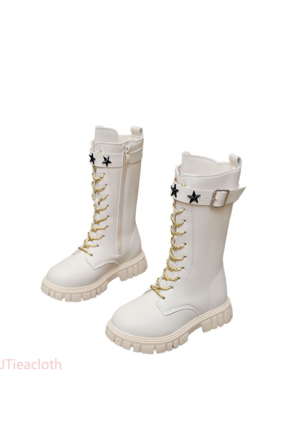 Girls Buckle Straps Mid Calf Boots Side Zipper Round Toe Lace Up Combat Riding Boots Non-Slip Boots Little Kid/Big Kid(White)