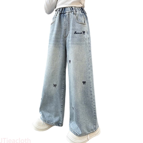 JTieacloth Girls Denim Pants Casual Girls Fashion Cute Personality Pants Elastic Waist Wide Leg Jeans Casual Demin Pants With Pockets,Sizes 12-15 Years