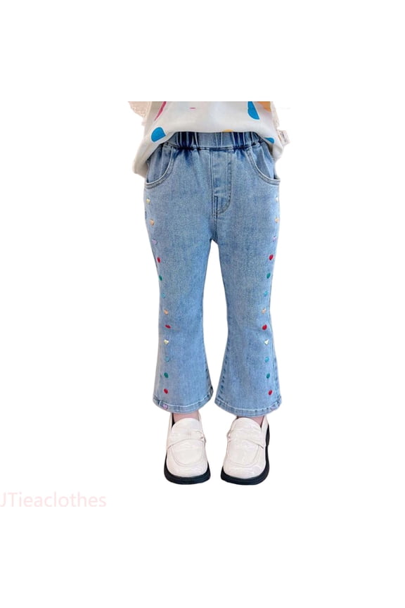 Girls Denim Pants Spring Summer And Autumn Girls' Baby Stretch Waist Themed Embroidery Slim Fit Flared Jeans Denim Pants Long Pants,Sizes 5-6 Years
