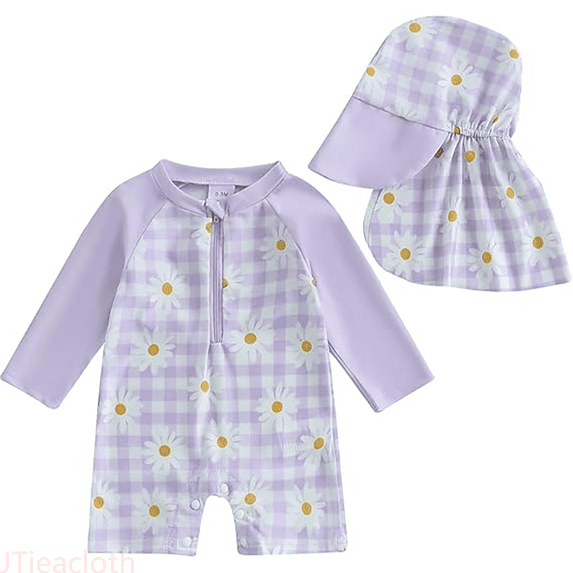 JTieacloth Girls Floral Print Swimsuit Two Piece With Matching Sun Hat UPF 50+ Rash Guard And Swim Bottom For Beach Pool Party,Sizes 12-18 Months