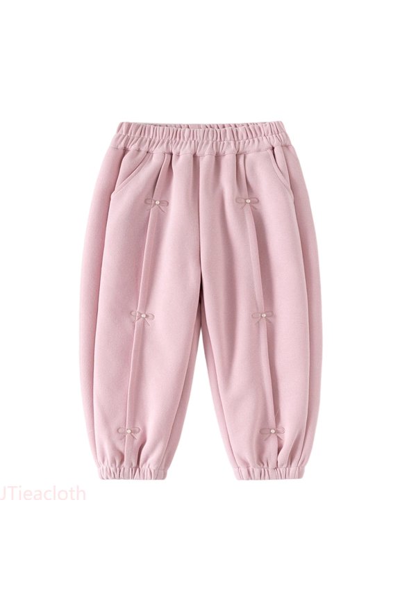 Girls Flowy Loose Pants Girls Casual Sport Pants Culottes Decorated With Bows Made Of Thick Needle Embroidered Soft,Sizes 9-10 Years